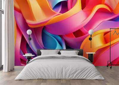 A vibrant and colorful abstract swirl of flowing ribbons in pink, orange, and blue tones. Wall mural