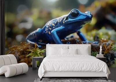 A vibrant blue tree frog with striking yellow spots perched on a mossy log, surrounded by lush greenery. Wall mural