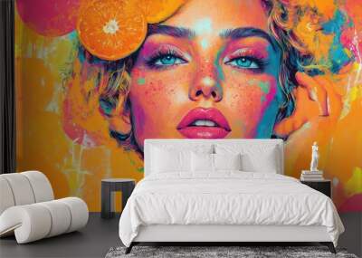 A vibrant portrait of a young woman with curly hair, surrounded by colorful splashes and orange slices, exuding a fresh and lively aura. Wall mural