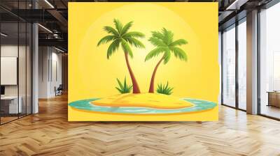 A vibrant tropical island with two palm trees on a sandy beach under a warm yellow sun. Wall mural