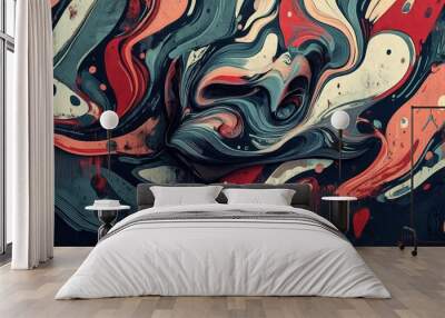 Abstract swirling patterns in vibrant reds, blues, and whites create an eye-catching visual texture. Wall mural