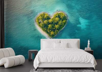 Aerial view of a heart-shaped island surrounded by turquoise waters, featuring lush green palm trees. A serene tropical paradise vibe. Wall mural