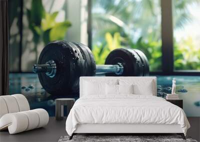 Close-up of a wet dumbbell resting on a gym floor, surrounded by droplets and green foliage in the background. Wall mural