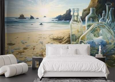 Beach with glass jars melting away (ai generated) Wall mural