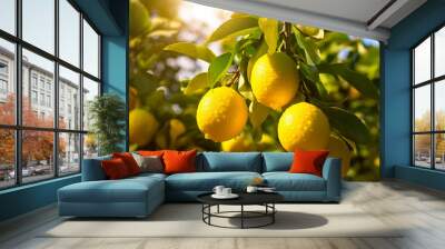 A Close Up of Lemons Growing on a Farm Wall mural