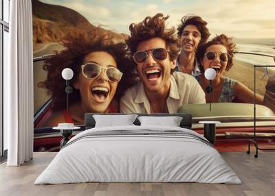 A Group of Friends laughing in a Vintage Convertible on a Coastal Highway | Generative AI Wall mural