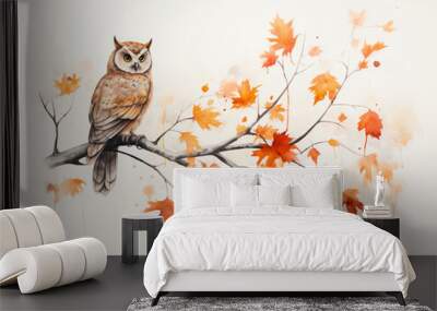 A Minimal Watercolor of an Owl in an Autumn Setting Wall mural