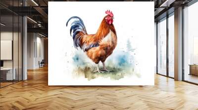 A Minimal Watercolor Painting of a Chicken in Nature with a White Background | Generative AI Wall mural