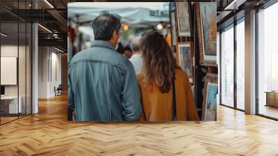 A Photo of a Couple Looking At Art in an Open-Air Market Wall mural