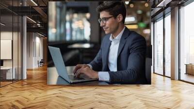 A Photo of a Young Professional Attending a Virtual Financial Planning Seminar on a Laptop Wall mural