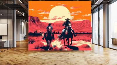 A Risograph Illustration of a Grainy Rodeo with Cowboys and Broncos Wall mural