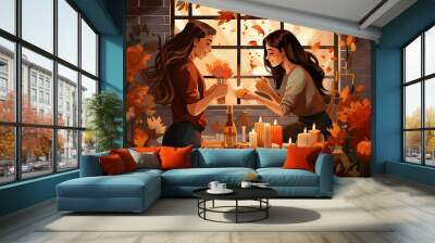 An Illustration of Friends Decorating the Space with Fall Leaves and Candles Wall mural