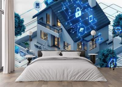 Isometric smart home concept with security and technology icons. Wall mural