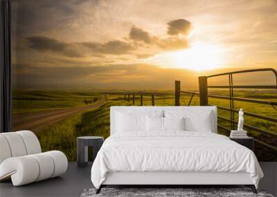 Sunset and golden light on Farm Road Wall mural