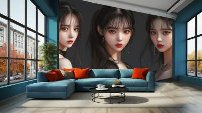 Three East Asian women in elegant black outfits showcasing beauty and style with striking expressions against a dark background. Wall mural