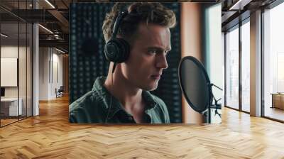 Young man recording vocals in a sound studio Wall mural