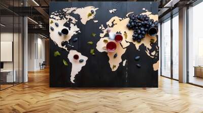 creative flat lay of world map made out of various grape clusters and wine leaves with wine drops symbolizing the global wine industry concept Wall mural