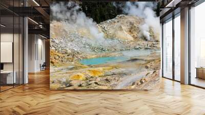 dramatic volcanic landscape of hot steams and sulfur laden pools, hydrothermal area  in Bumpass Hell in Lassen National Park. Wall mural