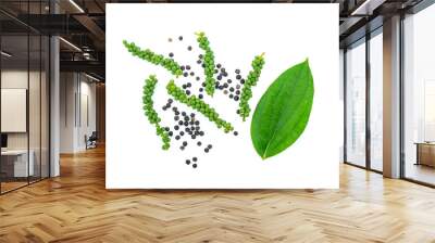 Fresh green peppercorns with leaf isolated on a white background. Wall mural