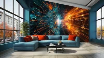 This image depicts a vibrant scene split between blue-hued digital codes and orange-hued energy lines, symbolizing the fusion of technology and energy. Wall mural