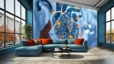 Close up doctor hand holding heart for medical innovation concept. Wall mural