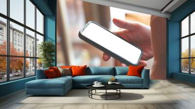 Close up men using a smartphone with an empty white screen at home. Wall mural