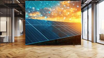 Close up Solar cell panel plant on the green nature field with sunset sky background. Wall mural