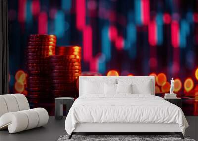 Close up stack of coins with trade graph stock market. Wall mural