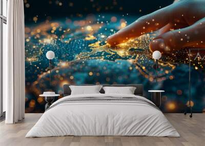 Hand pointing to the world map hologram with internet data connected to the global network. Wall mural