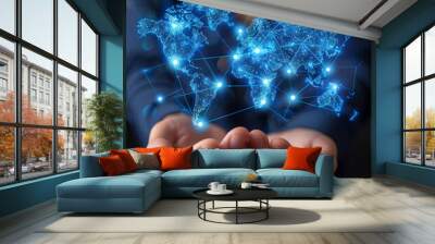 Hand pointing to the world map hologram with internet data connected to the global network. Wall mural