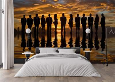 Silhouette group of businessmen and businesswomen stand together with a highrise city in the sunset background. Wall mural