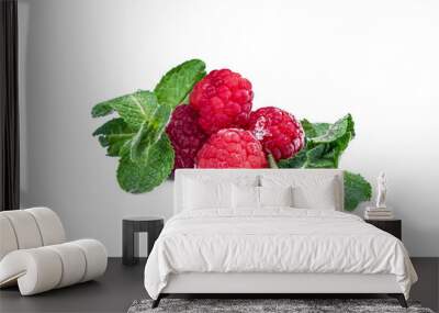 Green fresh raw mint leaves and raspberries isolated on white background. Wall mural