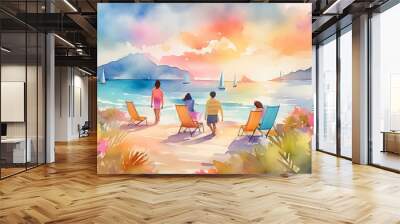 Watercolored art, people on a beach at a daylight. Wall mural