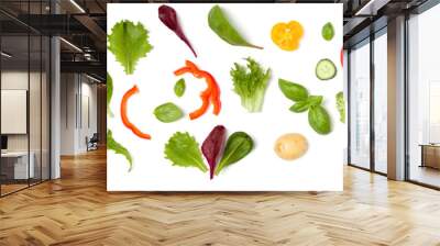 Creative layout made of tomato slice, onion, cucumber, basil leaves. Flat lay, top view. Food concept. Vegetables isolated on white background. Food ingredient pattern. Wall mural