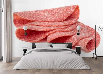 Salami smoked sausage slices isolated on white background Wall mural