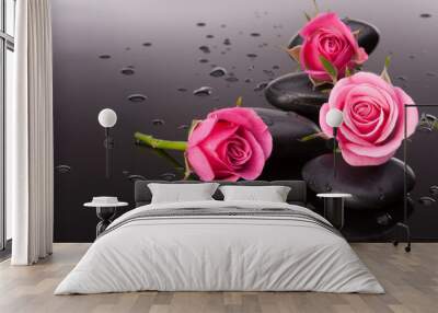 Spa stone and rose flowers still life. Healthcare concept. Wall mural