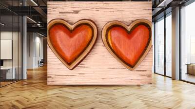 Two wooden hearts on rustic wood background. Valentines days con Wall mural