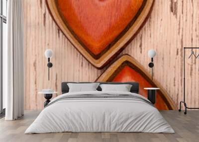 Two wooden hearts on rustic wood background. Valentines days concept.  Love symbol. Greeting card. Wall mural