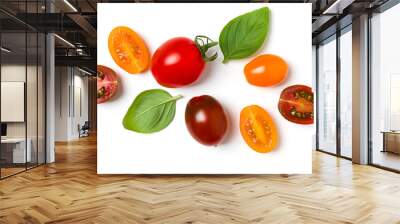 various colorful tomatoes and basil leaves isolated on white background. Top view, flat lay. Creative layout. Wall mural