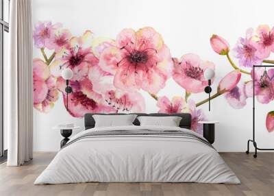 Seamless border with blossoming sakura branches on a white background. Watercolor illustration drawn by hand Wall mural