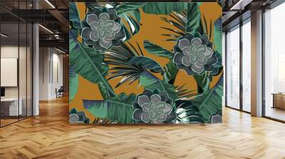 Abstract jungle summer background. Seamless floral  tropical pattern with palm tree and cactus. Vector illustration. Vintage style. Retro print Wall mural