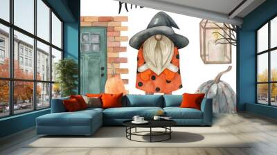 Halloween pumpkins and gnome card. Watercolor cartoon character on white background Wall mural