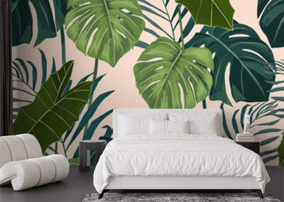 Jungle exotic seamless pattern, green tropical leaves, summer vector illustration on white background. Watercolor style Wall mural