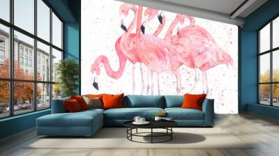 Watercolor flamingos with splash. Painting image Wall mural