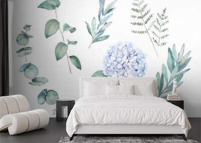 Watercolor greenery set. Botanical  winter illustration with eucalyptus branch and blue hydrangea. Vintage hand drawn plant Wall mural