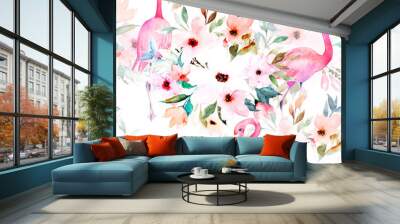 Watercolor seamless pattern. Floral print with flamingo. Wall mural