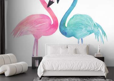 Watercolor two flamingos on white background. Hand drawn illustration Wall mural