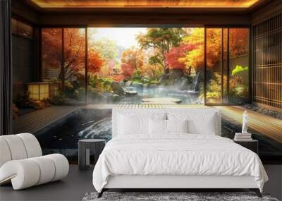 Inviting indoor onsen with hot mineral water and an autumn garden view. Wall mural