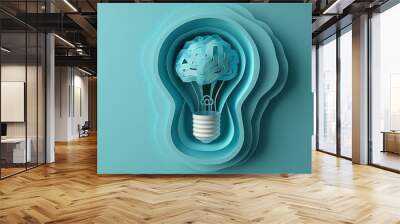 Paper art light bulb with layered paper brain inside, creative ideas, technological thinking, bright blue background. Wall mural