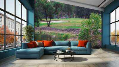 golf course with lush grass and the reflection of the trees in the pool makes it a beautiful view Wall mural